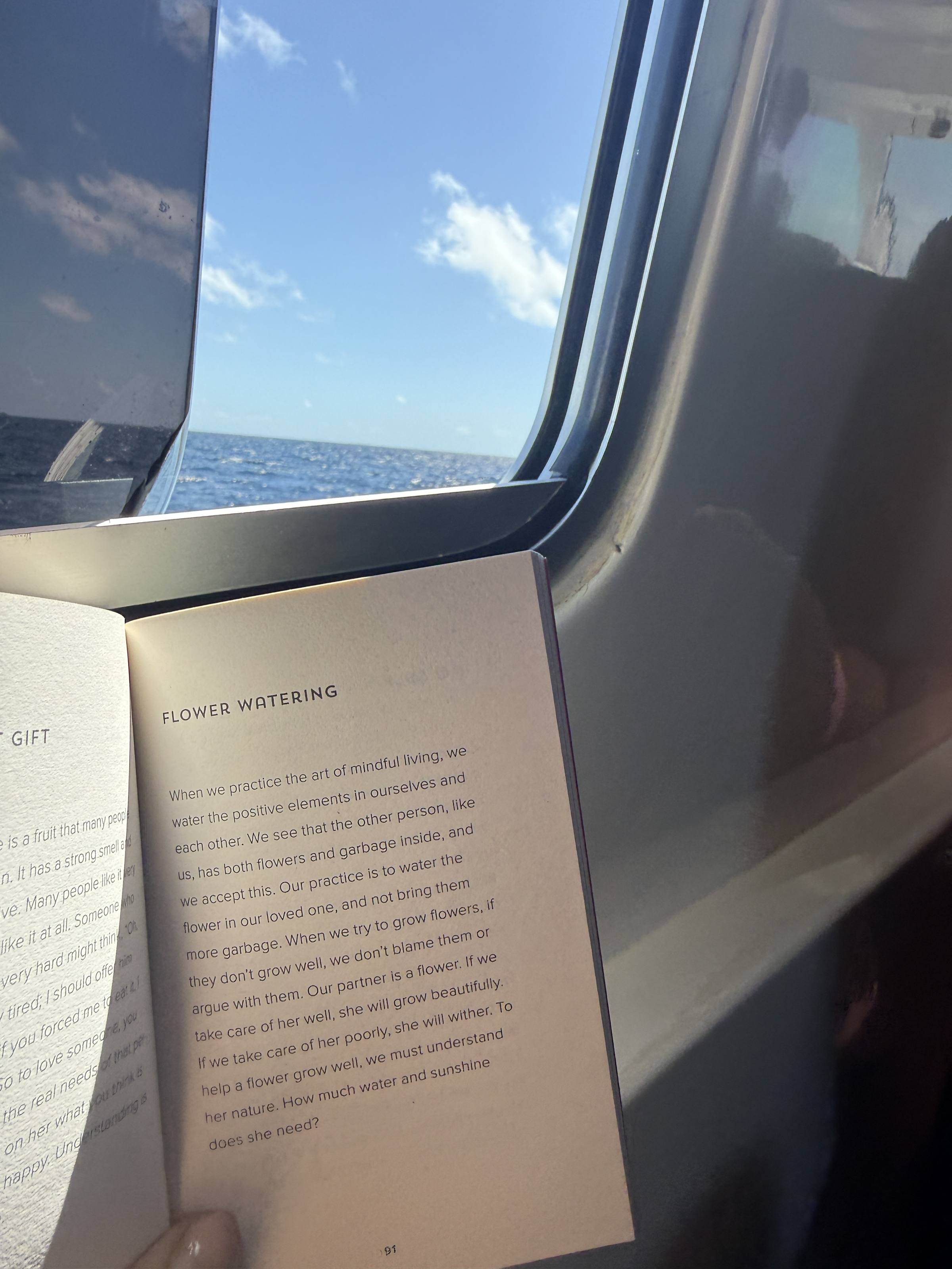An open book on the ferry, sea through the window