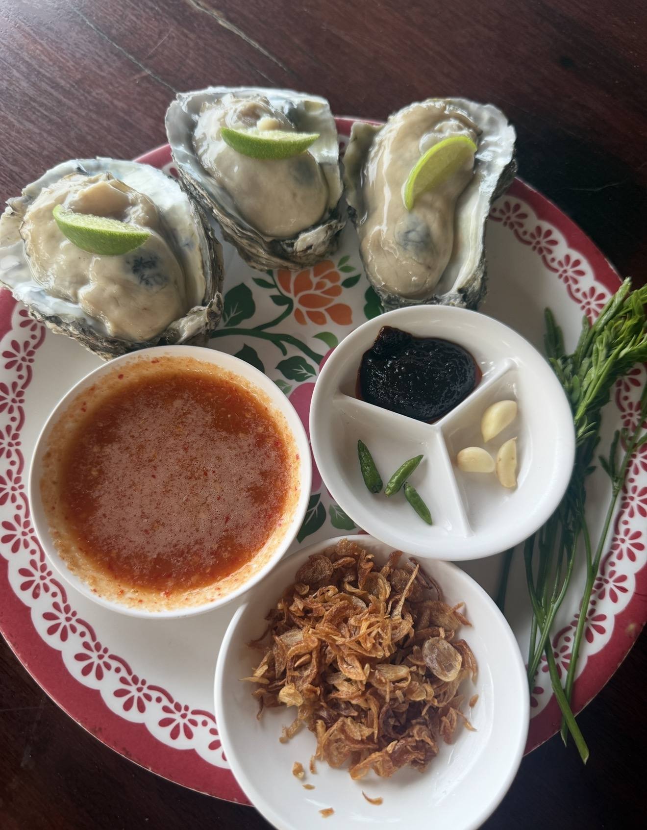 A plate of oysters with sauces, lime and crispy shallots