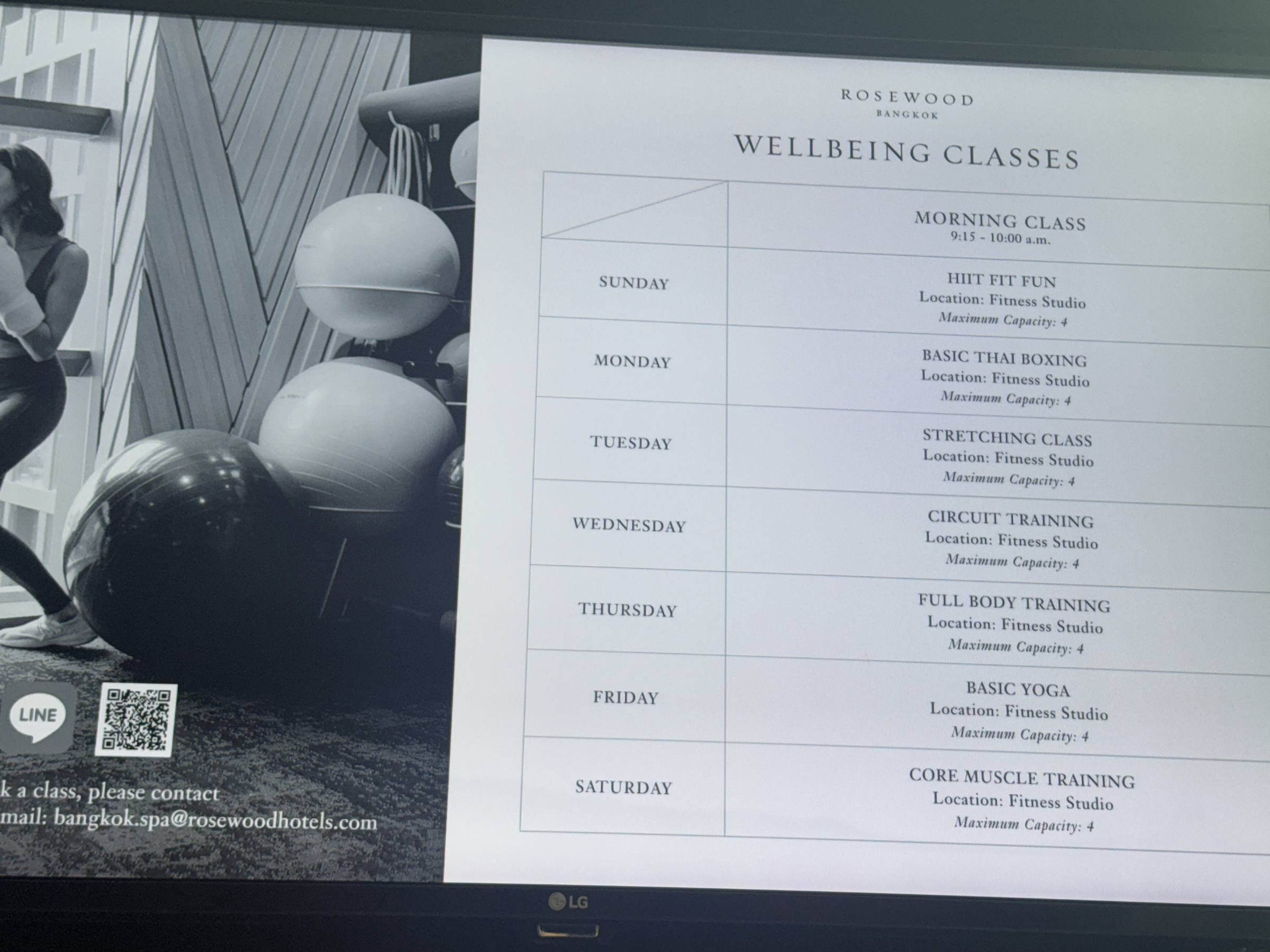 A printed weekly wellbeing class schedule on a table